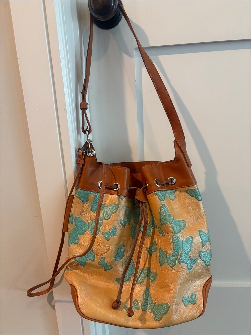 Mario Hernandez Leather Butterfly Drawstring Bucket Bag Tan/Brown